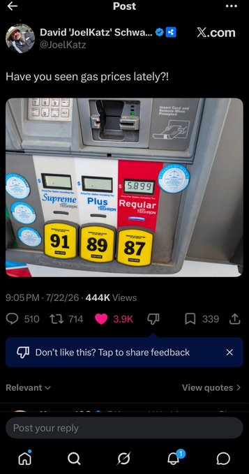 A screenshot of an X post by Joel Katz (@JoelKatz) showing a gas pump with prices of $5.99 for Supreme, $4.49 for Plus, and $3.89 for Regular, with the caption 'Have you seen gas prices lately?!'