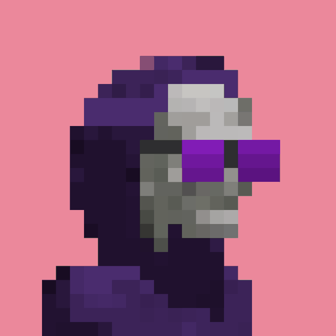 A pixel art illustration of a purple and grey helmeted character or robot bust against a pink background.