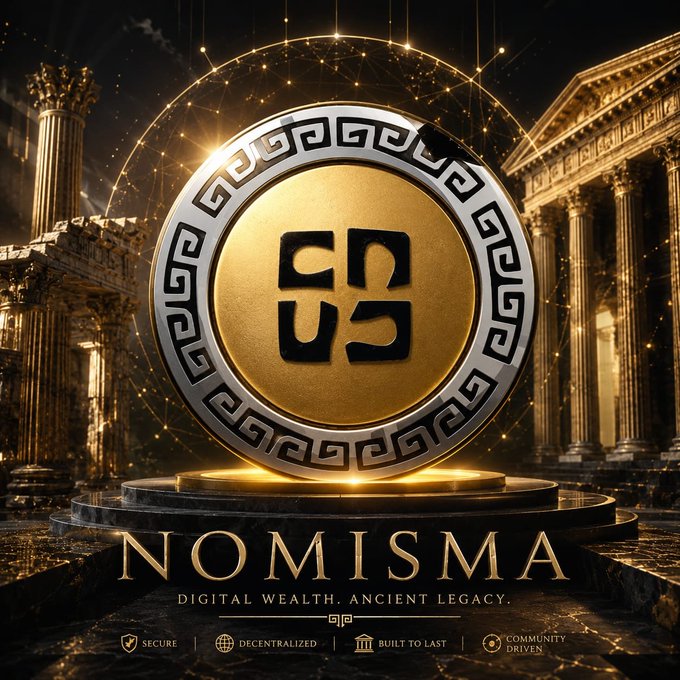 A golden promotional banner for 'NOMISMA' with the tagline 'DIGITAL WEALTH. ANCIENT LEGACY.' featuring a Greek key-patterned coin with a stylized logo, set against ancient Greek temple columns.