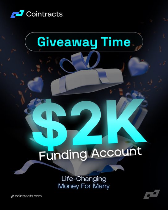 A promotional graphic for Cointracts advertises a 'Giveaway Time' offering a '$2K Funding Account,' with the tagline 'Life-Changing Money For Many' and the URL cointracts.com.