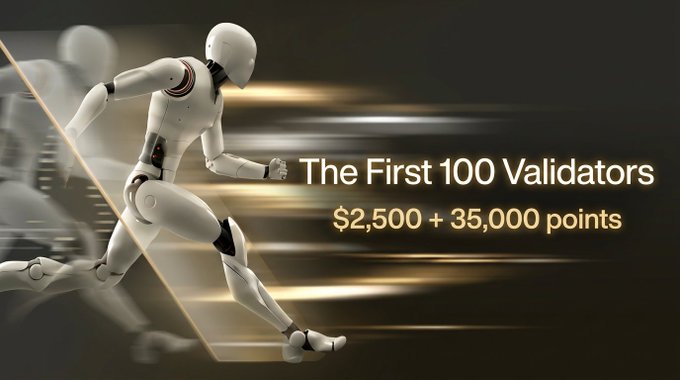 This image promotes "The First 100 Validators" campaign offering "$2,500 + 35,000 points," visually represented by a running robot, symbolizing speed and advancement. The campaign is live on Galxe and encourages participants to complete quests to earn rewards and set up on PrismaX.