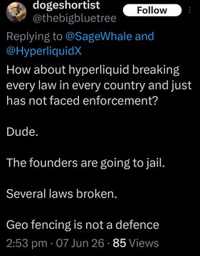 The image shows a Twitter post with a caption that reads, "How about hypeliquid breaking every law in every country and just ... has not faced enforcement?" The post includes a link to a website called "geofencingisnota defence". This suggests that the person who posted this message is concerned about the effectiveness of laws against certain types of cybercrime or online activities.

The caption also mentions that the user sold all their $HYPE stack, which could be an indication of illegal activity related to hypeliquid breaking. The post includes a reference to "geofencingisnota defence" and "2:53 pm on June 26th: 85 views". This information might provide context about the content of the post or the user's involvement in the cybercrime.
