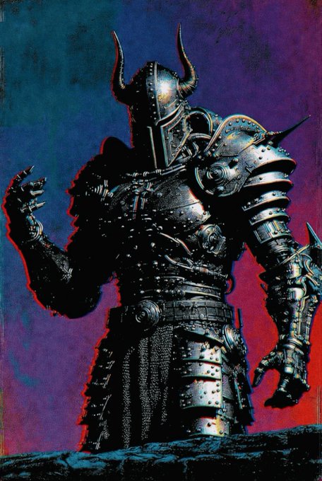An illustration of a figure in heavy, dark, spiked armor with a horned helmet, standing against a vibrant red and blue background.
