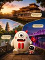The image shows a white cartoon bull mascot with red "TRON" lettering on its chest standing in front of an American football stadium backdrop, illustrating the post's joke about TRON BULL traveling from healing in Hue, Vietnam to the US to play in the World Cup.