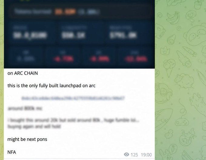 A blurry social-media-style screenshot discusses an ARC Chain launchpad, with visible phrases including “on ARC CHAIN,” “this is the only fully built launchpad on arc,” and “might be next $ons,” alongside a green illustrated border.