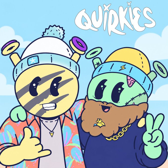 A colorful cartoon illustration of two quirky characters with antennae and hats, labeled 'QUIRKIES' at the top, one making a peace sign.