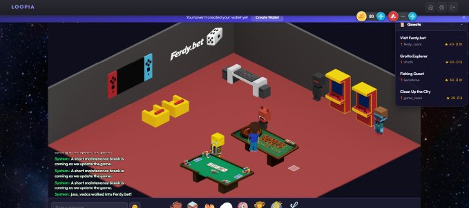 A screenshot of the Loopia platform shows a 3D virtual room with arcade games, pool tables, and seating, featuring a chat interface with system messages about maintenance breaks and a quests panel on the right.