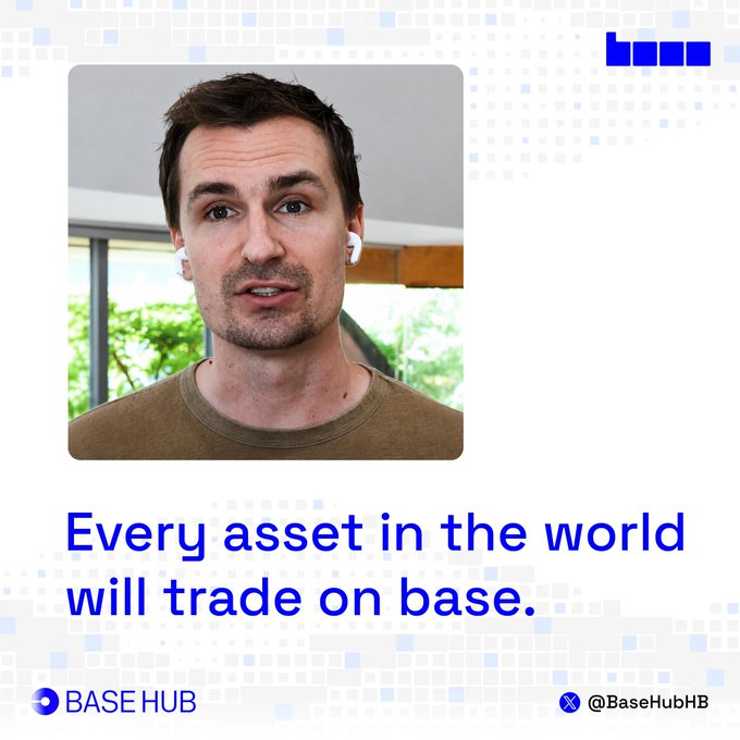 The image features a man wearing white earbuds in a brown shirt, appearing to speak in an indoor setting with greenery in the background, alongside the Base Hub logo and X handle "@BaseHubHB." The bold text reads, "Every asset in the world will trade on base," aligning with the accompanying quote from Jesse Pollak (@jessepollak) shared by Base Hub.