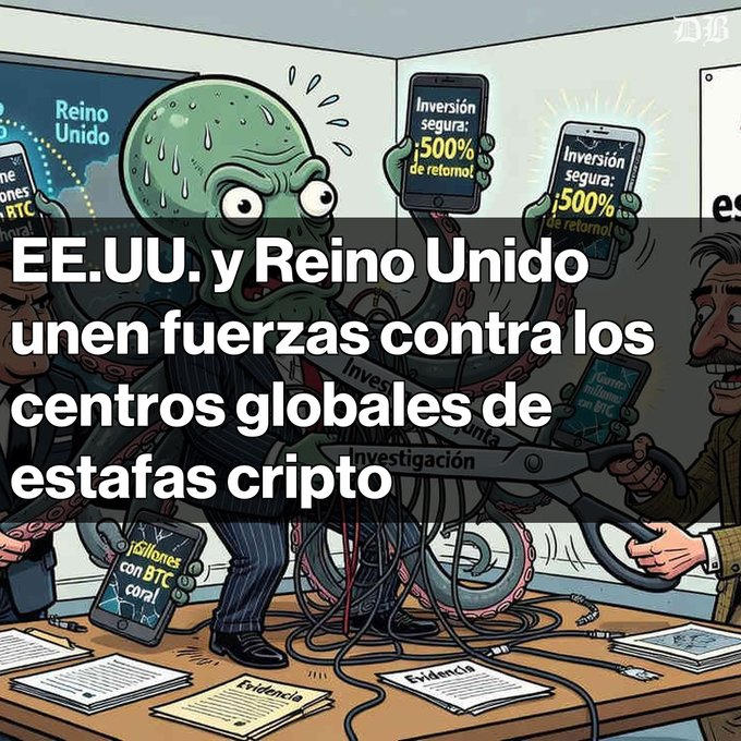 An editorial cartoon depicting an octopus-headed figure holding phones advertising 'Inversión segura: 500% de retorno!' with overlaid Spanish text: 'EE.UU. y Reino Unido unen fuerzas contra los centros globales de estafas cripto' (US and UK join forces against global crypto scam centers).