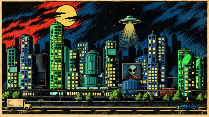 A stylized retro-futuristic illustration of a city skyline at night with a UFO beaming down light, an alien billboard, and a full moon with red clouds in the sky.