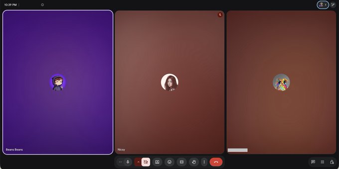 A Google Meet video call interface showing three participants (Beavs Beavs, Niccy, and one unnamed) with profile avatars displayed against colored backgrounds, with the time 10:39 PM visible at the top.