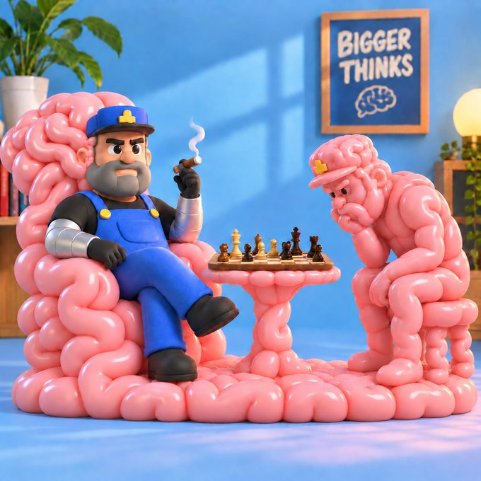 A 3D rendered illustration showing two characters—one human in blue overalls and a cap smoking a cigar, and one made entirely of pink brain matter wearing a cap—playing chess at a small table, with a 'BIGGER THINKS' sign featuring a brain on the wall behind them.