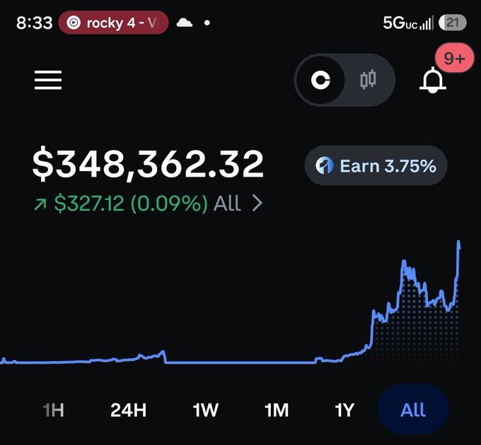 A cryptocurrency portfolio screen showing a balance of $348,362.32, up $327.12, with a blue line graph tracking gains and an 'Earn 3.75%' APY option.