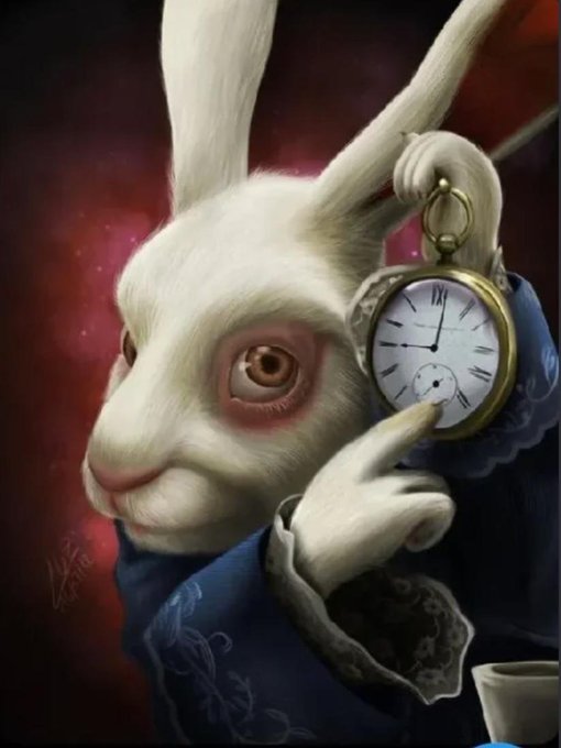 The image shows an anthropomorphic white rabbit in a blue coat holding a pocket watch with the time at nearly 12:00, symbolizing the 24-hour countdown mentioned in the post for a limited-time FWOG NFT airdrop deal.