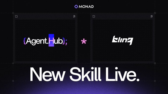 A promotional graphic featuring the "MONAD" logo at the top, with two product boxes "Agent.Hub" and "kling" separated by a star symbol, and the text "New Skill Live." displayed below.