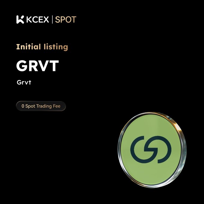 A promotional graphic for KCEX Spot exchange announcing an "Initial listing" of the cryptocurrency token GRVT, featuring a green circular logo and "0 Spot Trading Fee" text on a black background.