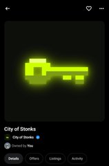 An NFT listing for 'City of Steaks' on OpenSea, showing a glowing green pixelated key icon, owned by 'You' with options for Details, Offers, Listings, and Activity.