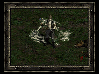 A pixelated retro video game screenshot showing a small character with weapons and effects on a green field bordered by a stone frame.