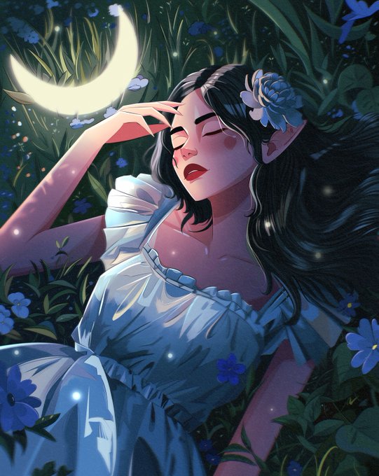 A serene fantasy illustration titled "Moon Maiden" depicts a dark-haired elven woman in a flowing blue dress, adorned with a blue flower, peacefully resting among lush foliage and blue blooms under a glowing crescent moon and fireflies. The artwork, part of a "Magical Creatures" collection, is being released as a 1/1 NFT drop on objkt.com for 1000 XTZ.