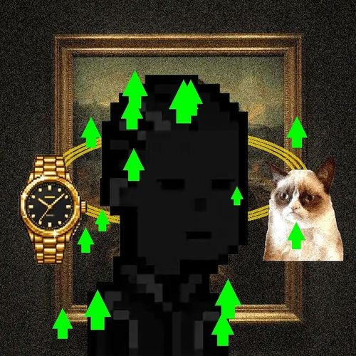 A pixelated "Shadow Punk" character is displayed inside a gold picture frame, flanked by a gold Rolex-style watch and a grumpy cat, with numerous green upward arrows scattered across the composition, symbolizing the "Shadow Punks" hidden within the Cash Punks NFT collection giveaway.