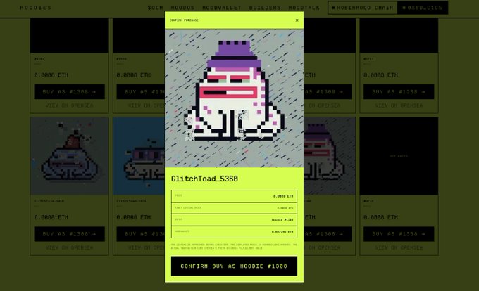 A bright green confirmation pop-up titled "CONFIRM PURCHASE" displays a pixelated NFT character called "GlitchToad_5368" alongside details like the Hoodie ID (#36104), ETH price (0.0888), and a "CONFIRM BUY AS HOODIE #1306" button—visually illustrating the BuyOS concept of letting a user's OnChain Hoodie purchase floor NFTs from OpenSea on its behalf.
