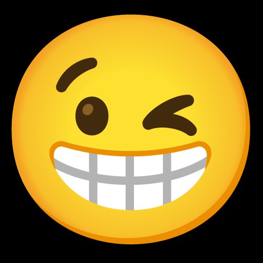 A yellow emoji face with one eye winking, a raised eyebrow, and a wide grin showing prominent teeth.