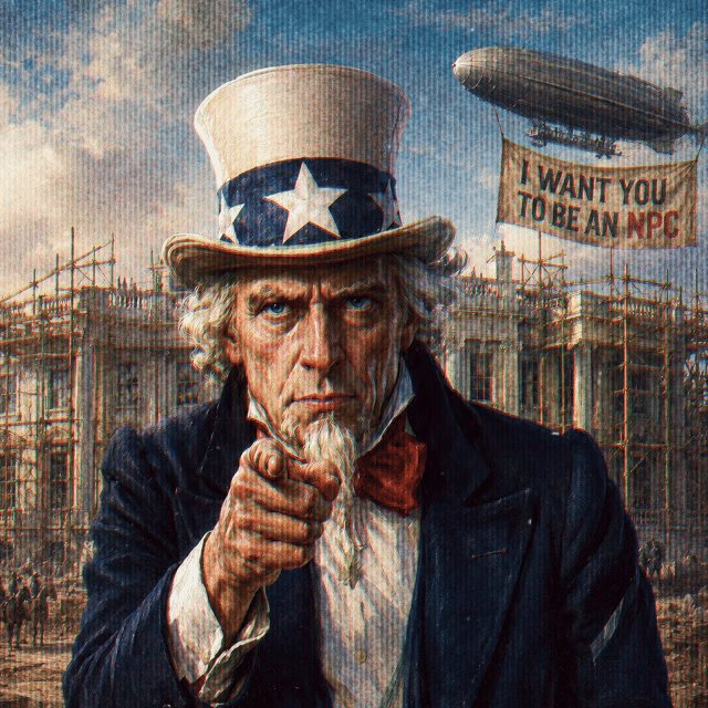 The image features a cartoon depiction of Uncle Sam, dressed as usual with his top hat and bowler cap, pointing towards something or someone. In the background, there are construction cranes visible, suggesting that the scene takes place during a time of development or progress in the town where the painting is displayed. The caption "There will be only 333 NPCs!" implies that the image might be related to a cartoon series or comic book featuring Uncle Sam and his adventures.