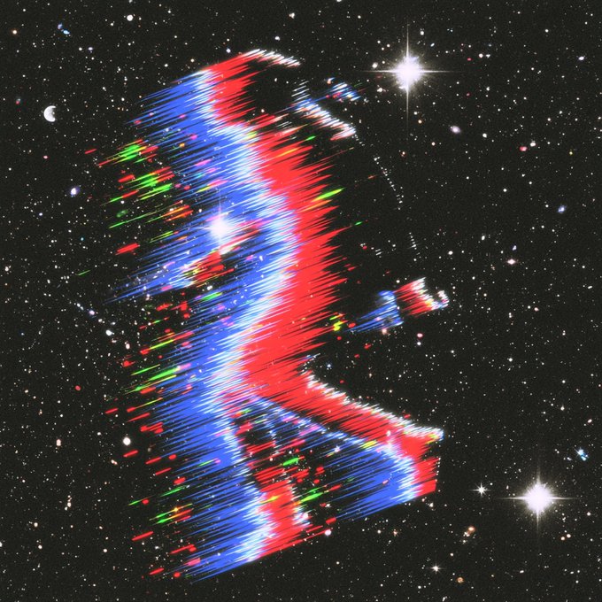 An abstract, pixelated, glitch-art style figure rendered in horizontal streaks of red, blue, green, and white is set against a black background filled with white stars, including a bright starburst near the top.