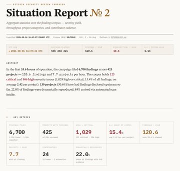 A 'Situation Report No 2' from Network Security Review Campaign showing aggregate statistics over a campaign that filled 6,700 findings across 425 projects, with metrics including critical/high-severity findings, scanner findings, and findings dynamically reproduced.