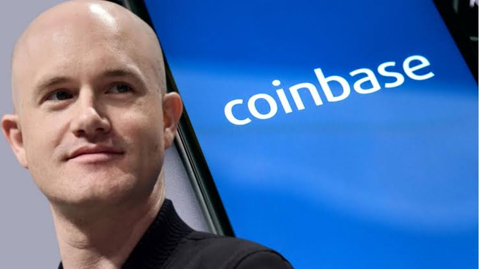 A news-style image showing a close-up of Brian Armstrong next to the Coinbase logo on a blue background.