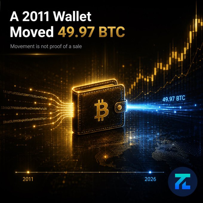 The image illustrates a dormant 2011 Bitcoin wallet that moved 49.97 BTC after 14 years, featuring a glowing golden Bitcoin wallet with blockchain data streams flowing into a rising price chart, a timeline marking 2011 to 2026, and the text "A 2011 Wallet Moved 49.97 BTC — Movement is not proof of a sale," visually emphasizing the historic transfer flagged by Galaxy Research without confirming a sell-off.