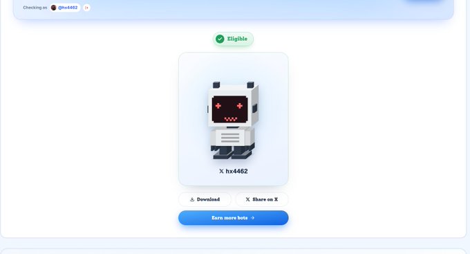 A user interface shows eligibility confirmation for a user named @hx4462, displaying an "Eligible" status, a pixelated robot avatar labeled "X hx4462," and options to download or share on X.