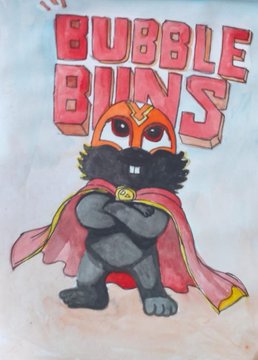 A hand-drawn marker illustration features a heroic bunny character wearing an orange mask, flowing red cape, and a "BB" medallion, standing confidently beneath the bold red "BUBBLE BUNS" title—serving as the creator's verified entry for the @BubbleBunsHQ contest, likely tied to the AVAX (Avalanche) ecosystem.