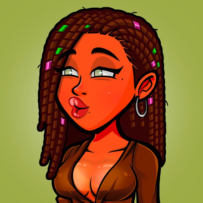 A cartoon-style portrait of a woman with reddish-orange skin, brown braided hair adorned with pink and green beads, a silver hoop earring, and a brown top, set against an olive green background.