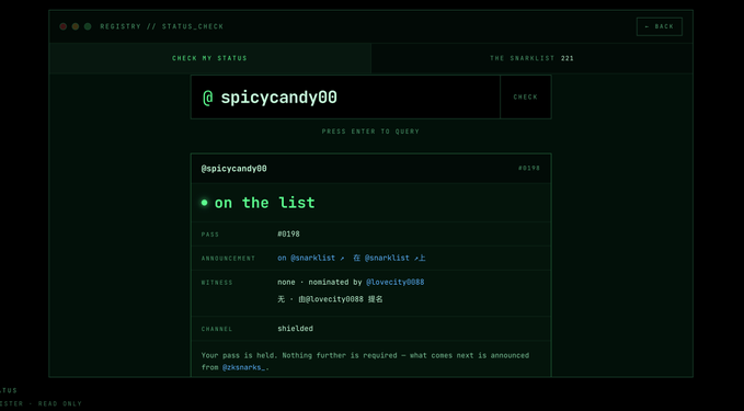 A dark-themed web interface titled 'REGISTRY // STATUS_CHECK' showing a query result for '@spicycandy00' marked as '#0196' on 'the list,' with details including the witness '@lovecity0008' and channel 'shielded'.