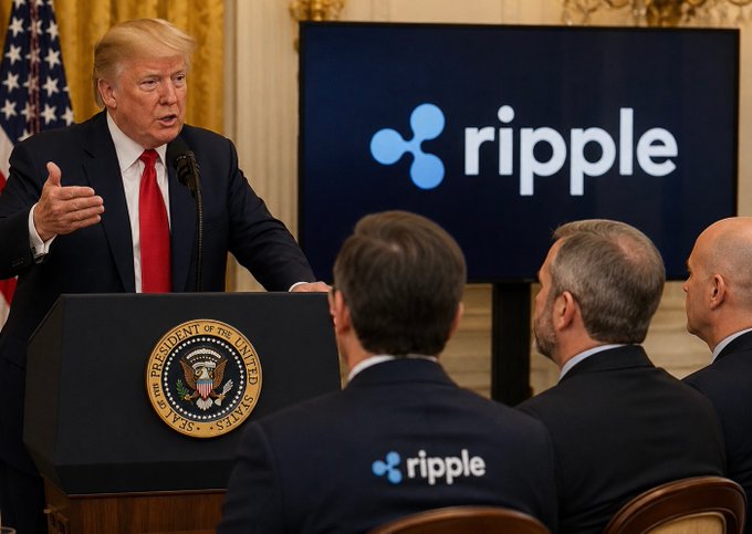 President Trump speaks at a podium with the presidential seal while the Ripple logo is displayed on a screen behind him, and individuals wearing Ripple jackets are in the audience. This image visually confirms the "JUST IN" news about Ripple executives meeting President Trump.