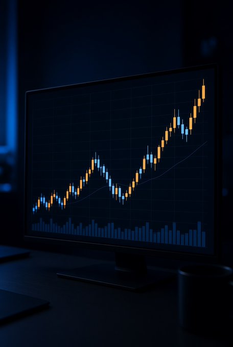 A computer monitor displays a candlestick stock chart trending upward, glowing in the dim light of a quiet trading environment. The chart's upward momentum mirrors the post's message, suggesting that calm market days are often when informed investors quietly build their positions for future gains.