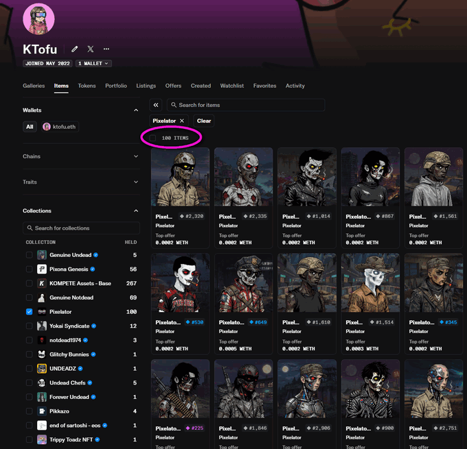 A screenshot of a user profile named 'KTofu' on an NFT marketplace, showing the 'Pixelator' collection selected with 100 items, displaying zombie-style pixel art characters with prices in WETH.
