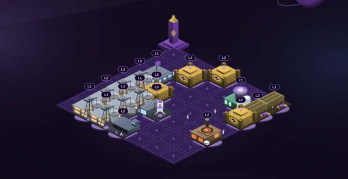 The image shows an impressive illustration depicting several buildings with various designs arranged in a square pattern against a dark blue background, giving it a futuristic appearance. The buildings feature some unique structures, including a tower standing out among them. A small robot can be seen within the square area of the buildings, adding another element to the scene.