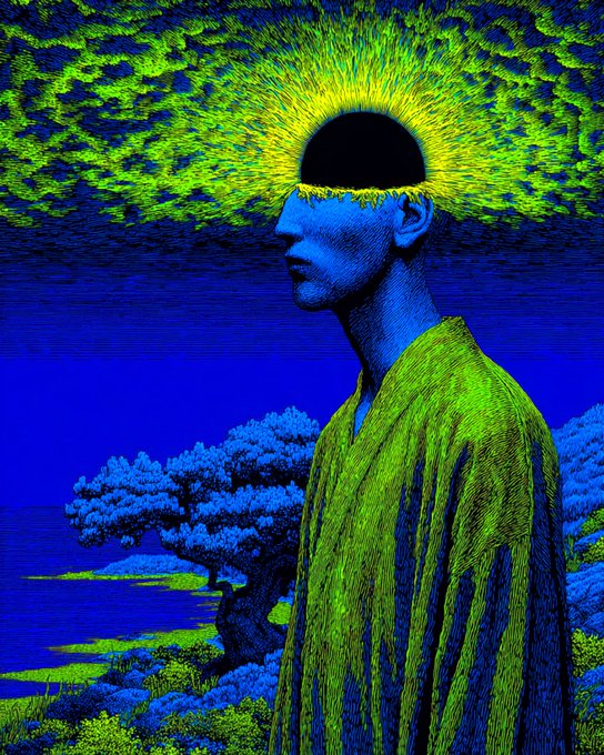 A blue-skinned figure in a textured green robe stands in profile before a lone tree, with a glowing black void radiating neon green energy where their head should be. The surreal, otherworldly imagery mirrors the post's themes of creativity and identity, evoking a sense of artistic vision and the intangible presence behind ITIA's community-driven NFT collection.