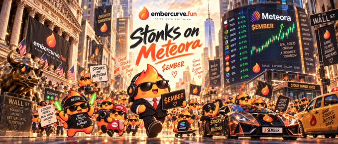 The image shows a vibrant promotional banner for "embercurve.fun" featuring "Stonks on Meteora $EMBER" text, with cartoon flame characters in sunglasses holding signs like "Buy $EMBER" and "Stonks Pump Meteora" amid a Wall Street backdrop displaying $EMBER's stock chart with notable gains. The lively scene ties directly to the post's greeting, visually celebrating $EMBER as a rising meme token on the Meteora platform.