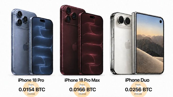 An advertisement shows three iPhone models labeled "iPhone 18 Pro" (0.0154 BTC), "iPhone 18 Pro Max" (0.0166 BTC), and "iPhone Duo" (0.0256 BTC), each listed at 256GB storage.