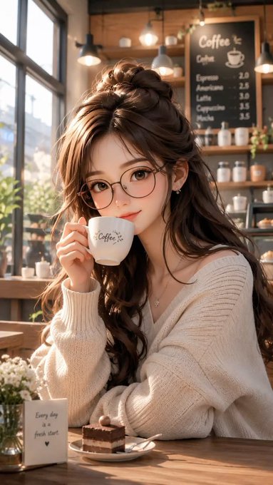 An anime-style illustration of a young woman with long brown hair and glasses, holding a cup of coffee at a cafe with a chalkboard menu in the background.