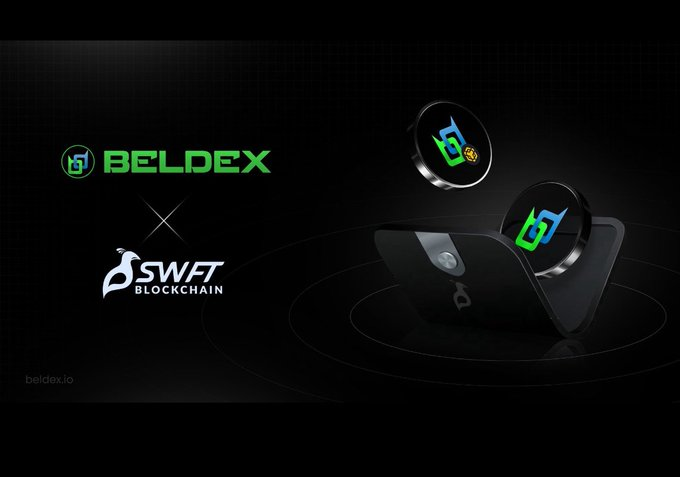 A promotional graphic featuring logos for 'BELDEX' and 'SWAFT BLOCKCHAIN' with an 'X' between them, alongside images of BelDex branded products including earbuds and what appears to be a wallet or device case.