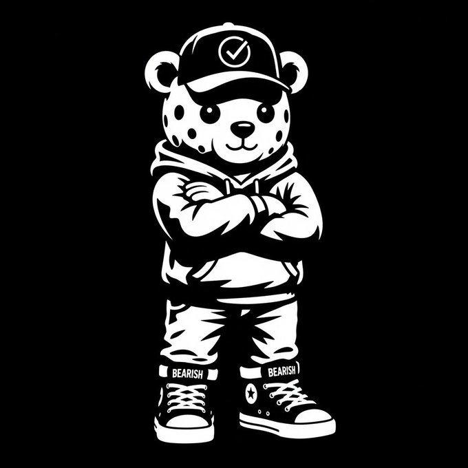 A black-and-white graphic of a bear mascot wearing a hoodie, cap, and sneakers with 'BEARISH' labeled on the shoe straps.
