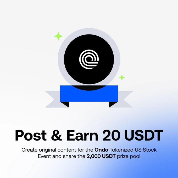The image shows a promotional graphic for Gate's "Post & Earn 20 USDT" campaign, featuring a black badge with a logo above a blue ribbon, advertising a 2,000 USDT prize pool for creating original content about the Ondo Tokenized US Stock Event. The graphic complements the post by visually highlighting the USDT reward opportunity tied to the Gate x Ondo competition mentioned in the caption.