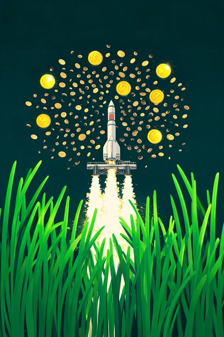 An illustration of a rocket launching from green grass with a burst of gold coins exploding into the night sky.