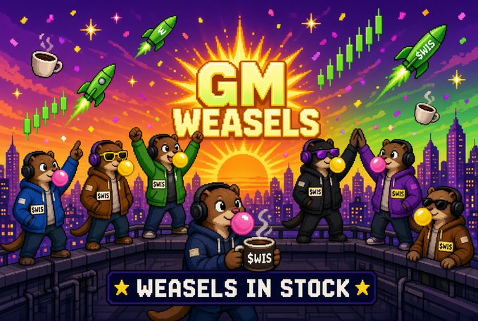 A vibrant pixel-art style illustration titled 'GM WEASELS' featuring cartoon weasels wearing '$WIS' hoodies on a rooftop with a sunset cityscape, rockets, coffee cups, and green trading candlesticks in the background, with text 'WEASELS IN STOCK'.