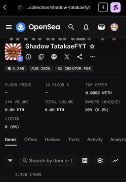 An OpenSea mobile app screen displays the NFT collection 'Shadow TatakaeFYT' with 3,298 items, 0% listed, and a top offer of 0.0003 WETH.