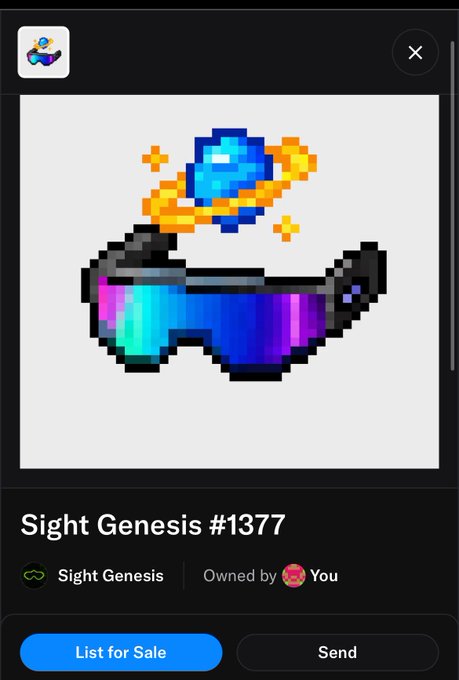 An NFT marketplace listing for 'Sight Genesis #1377' showing pixel art of sunglasses with a planet and ring above them, owned by 'You', with 'List for Sale' and 'Send' buttons.